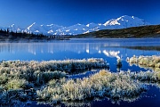 Aussicht am fruehen Morgen ueber den Wonder Lake zum Denali, Denali Nationalpark  -  Alaska, View at early morning over the Wonder Lake to Denali